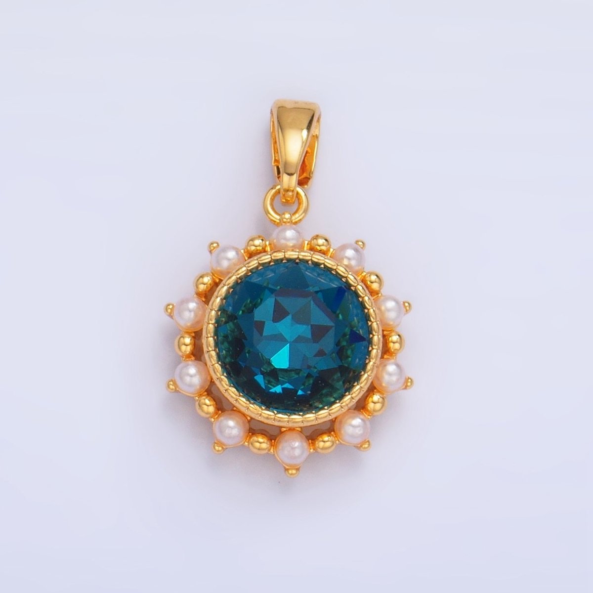 24K Gold Filled Blue CZ Shell Pearl Bezel Round Pendant | AA1013 - DLUXCA