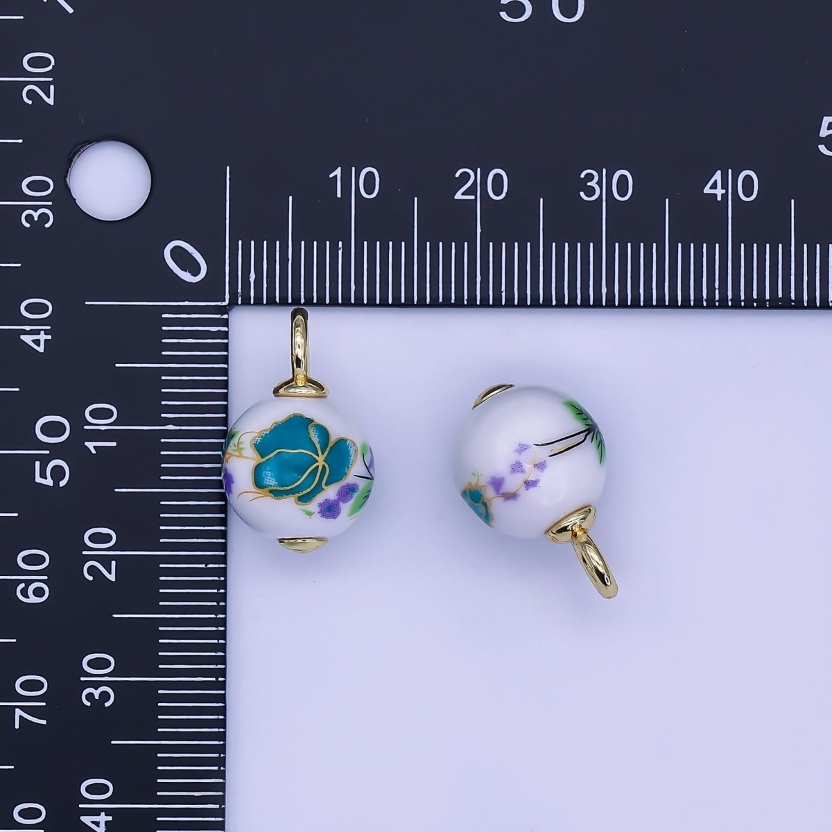 24K Gold Filled Blue Daisy Flower Round Ceramic Drop Pendant | C440 - DLUXCA