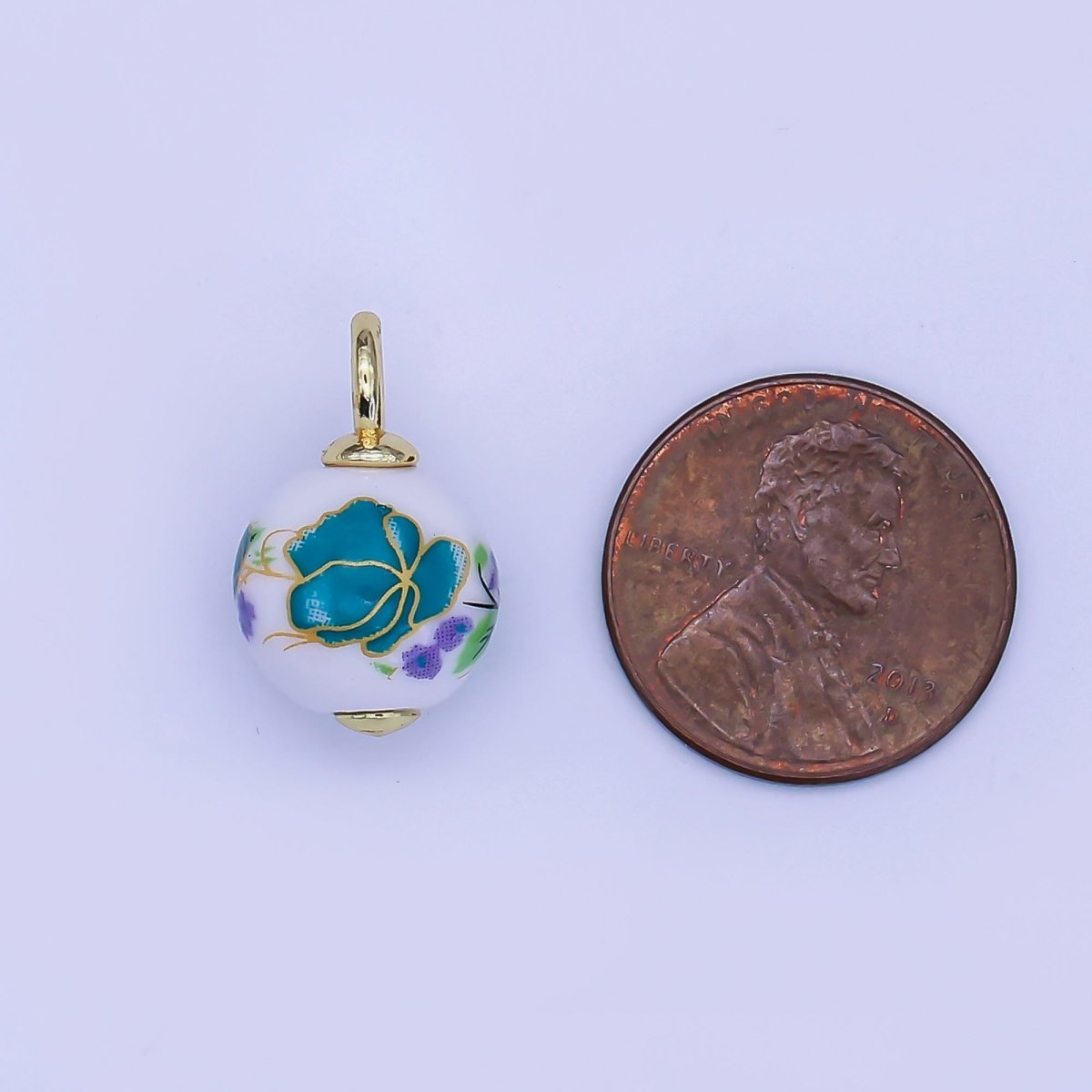 24K Gold Filled Blue Daisy Flower Round Ceramic Drop Pendant | C440 - DLUXCA