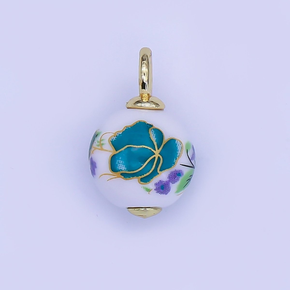 24K Gold Filled Blue Daisy Flower Round Ceramic Drop Pendant | C440 - DLUXCA