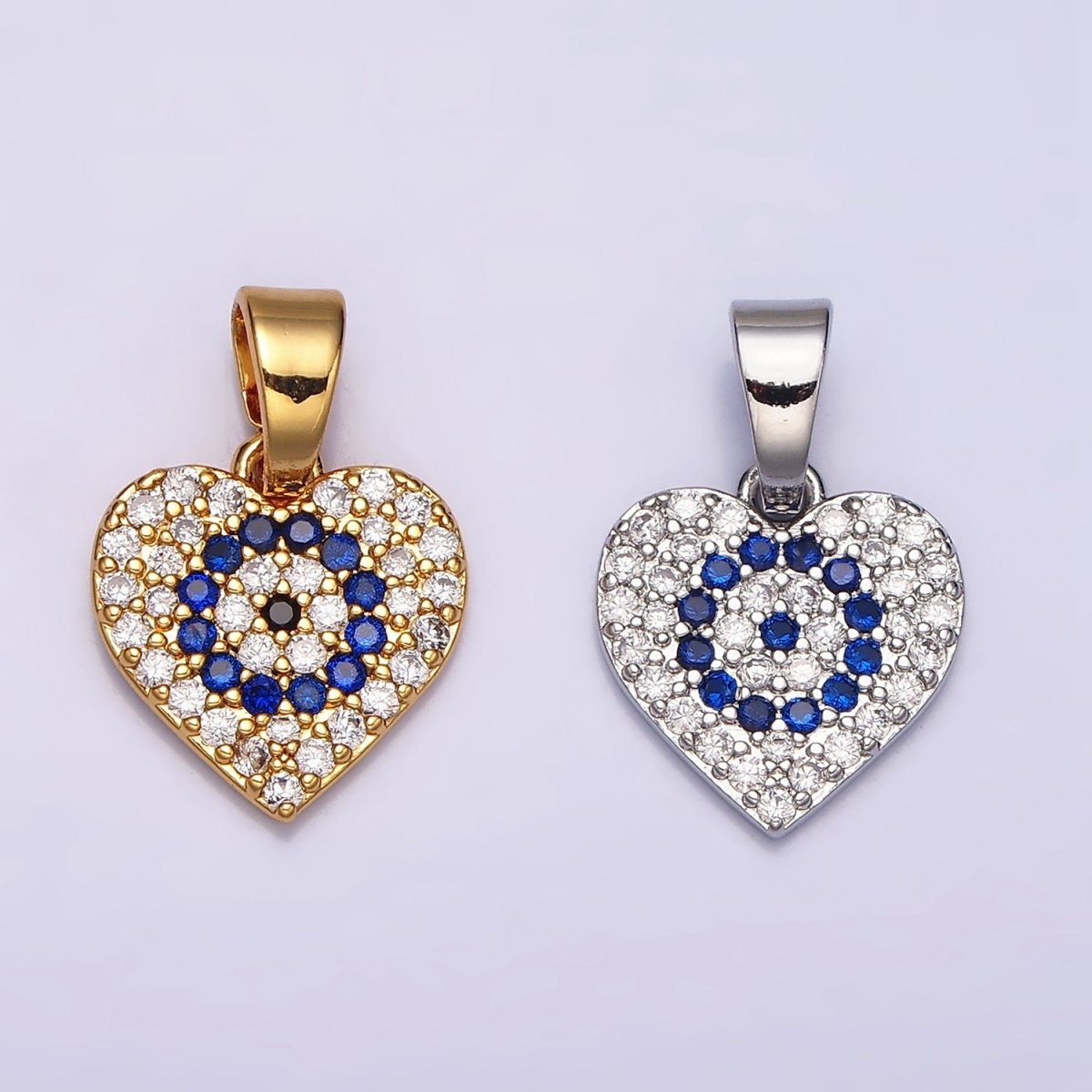 24K Gold Filled Blue Evil Eye Micro Paved CZ Heart Pendant in Gold & Silver | AA453 AA454