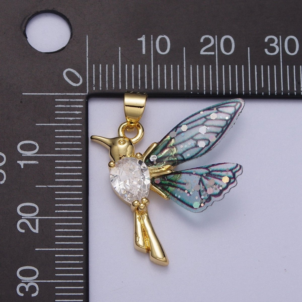 24K Gold Filled Blue, Fuchsia Hummingbird Fairy Wings Teardrop CZ Pendant I-152