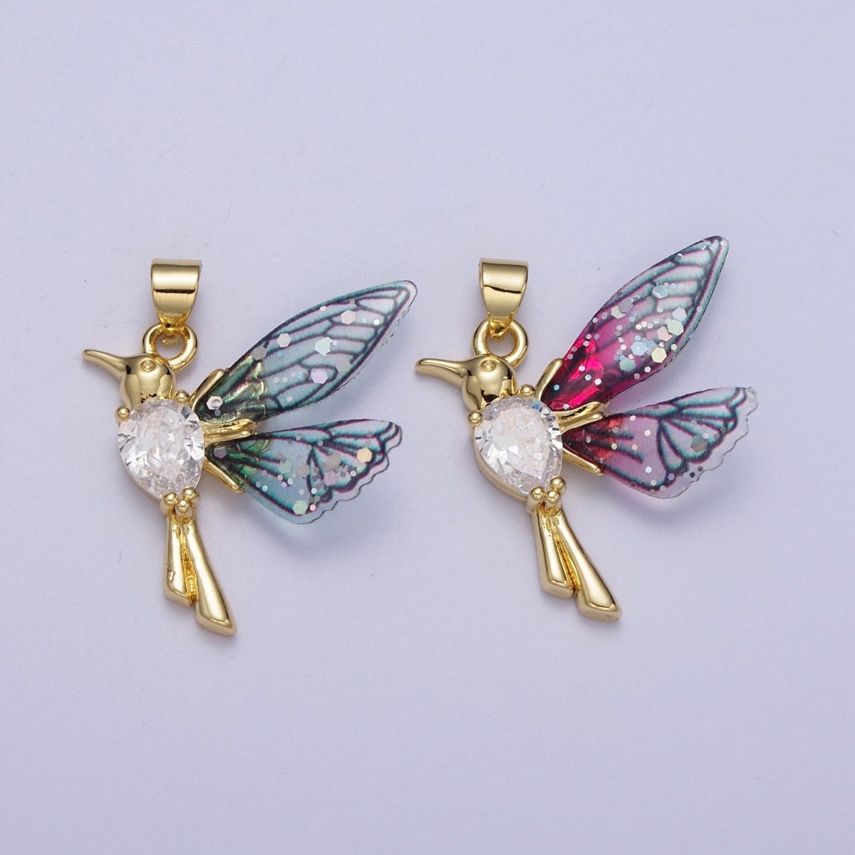 24K Gold Filled Blue, Fuchsia Hummingbird Fairy Wings Teardrop CZ Pendant I-152