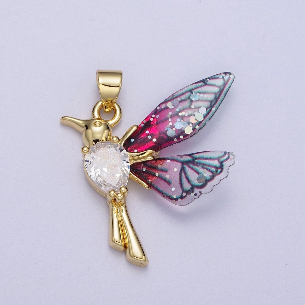 24K Gold Filled Blue, Fuchsia Hummingbird Fairy Wings Teardrop CZ Pendant I-152