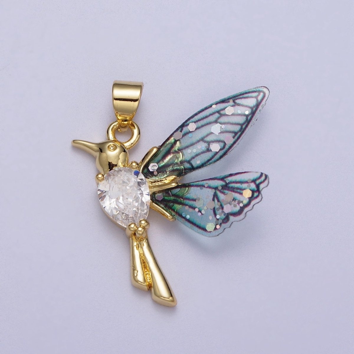 24K Gold Filled Blue, Fuchsia Hummingbird Fairy Wings Teardrop CZ Pendant I-152
