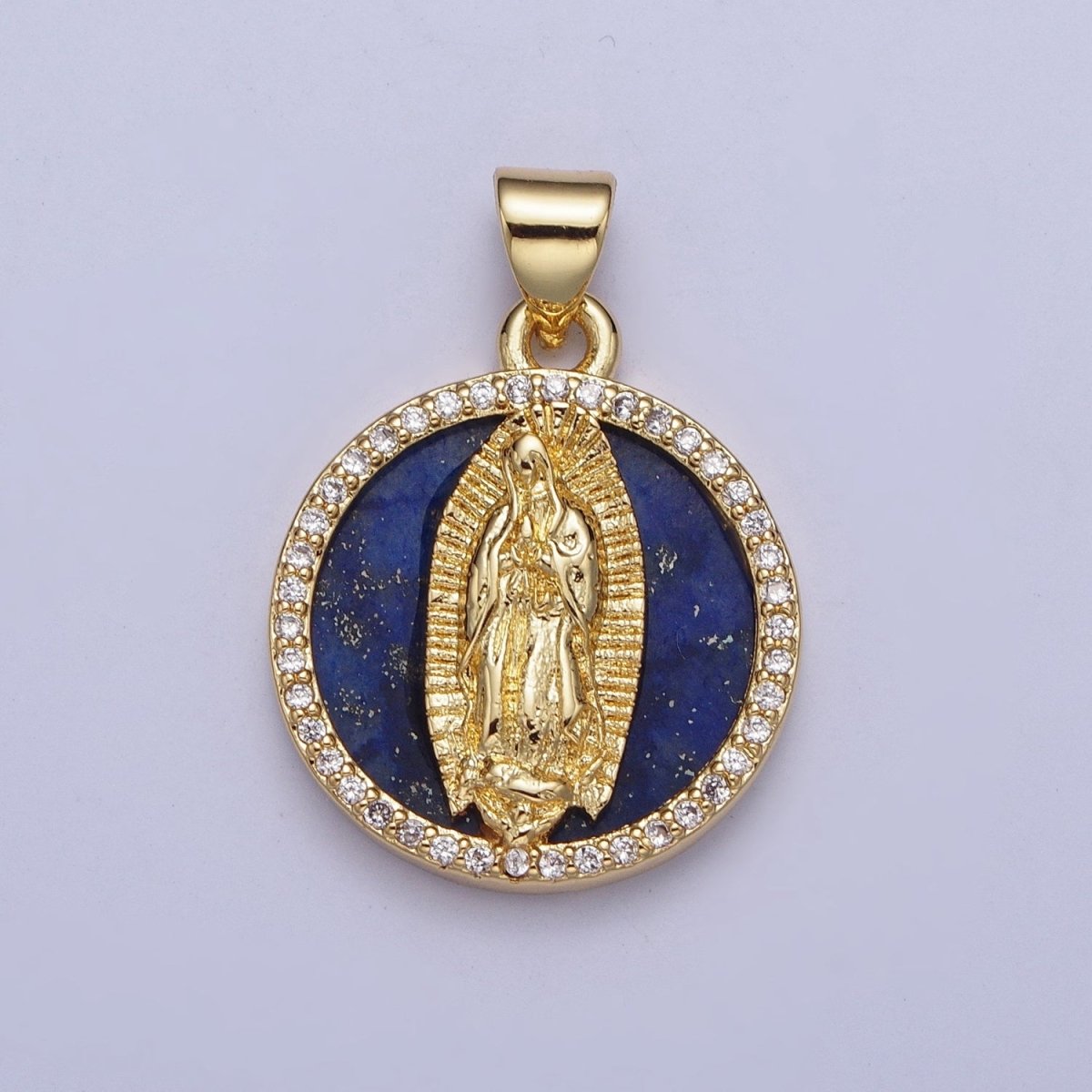 24K Gold Filled Blue Lapiz Lady Guadalupe Medallion, Micro Pave Religious Virgin Mother Mary Round Charm For Jewelry Making X-430 - DLUXCA
