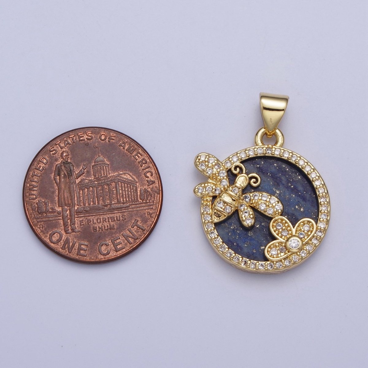 24K Gold Filled Blue Lapiz Micro Pave CZ Insect Bee & Flower Round Pendant Medallion X-433