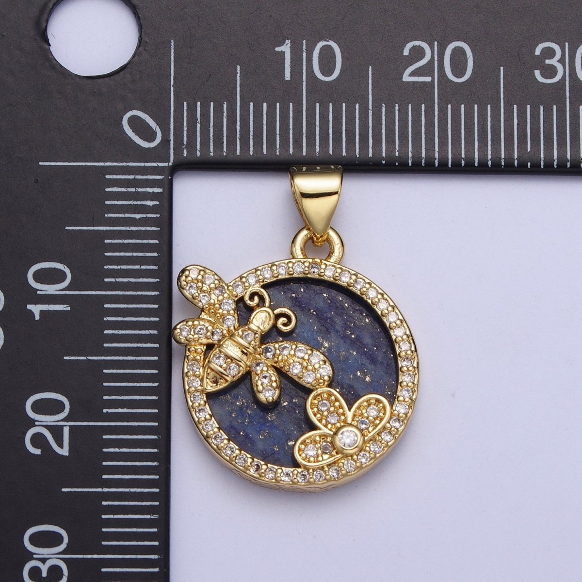 24K Gold Filled Blue Lapiz Micro Pave CZ Insect Bee & Flower Round Pendant Medallion X-433