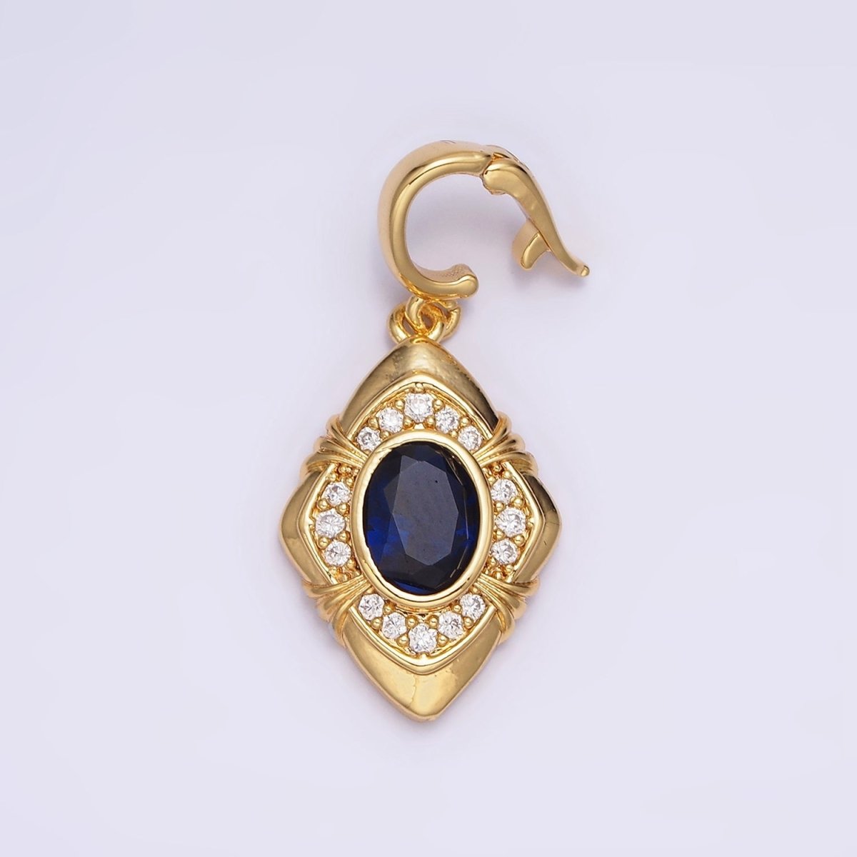24K Gold Filled Blue Oval CZ Micro Paved CZ Tied Rhombus Interchangeable Snap Bail Pendant | AA568 - DLUXCA