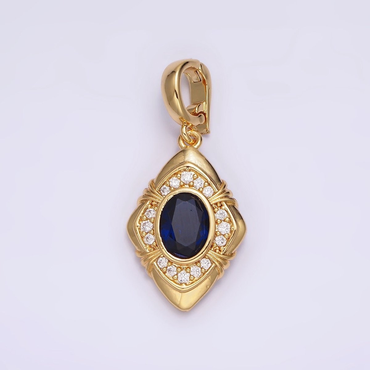 24K Gold Filled Blue Oval CZ Micro Paved CZ Tied Rhombus Interchangeable Snap Bail Pendant | AA568 - DLUXCA