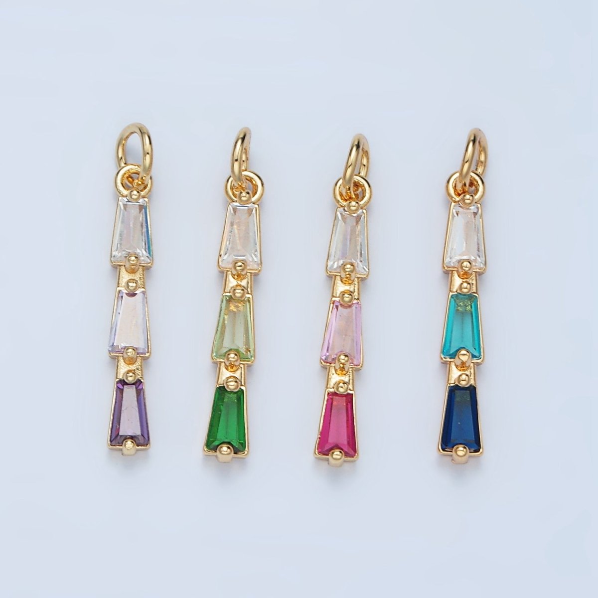 24K Gold Filled Blue, Pink, Purple, Green Gradient Baguette CZ Linear Charm | AG900 AG901