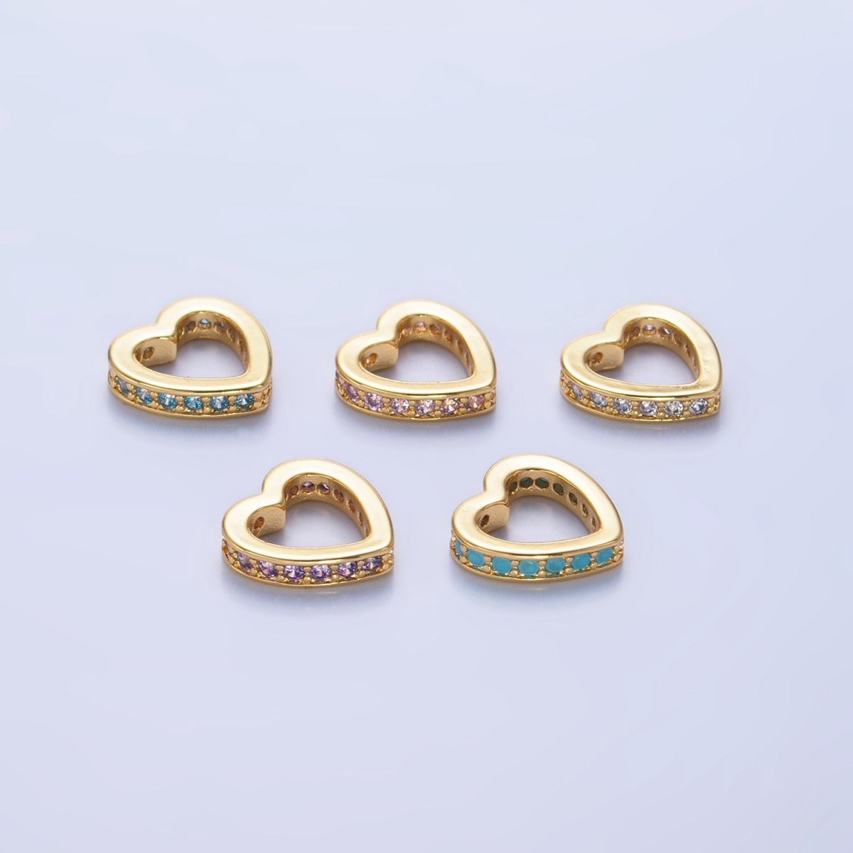 24K Gold Filled Blue, Purple, Clear, Turquoise, Pink Micro Paved CZ Heart Rhondelle Bead | B087 - B089