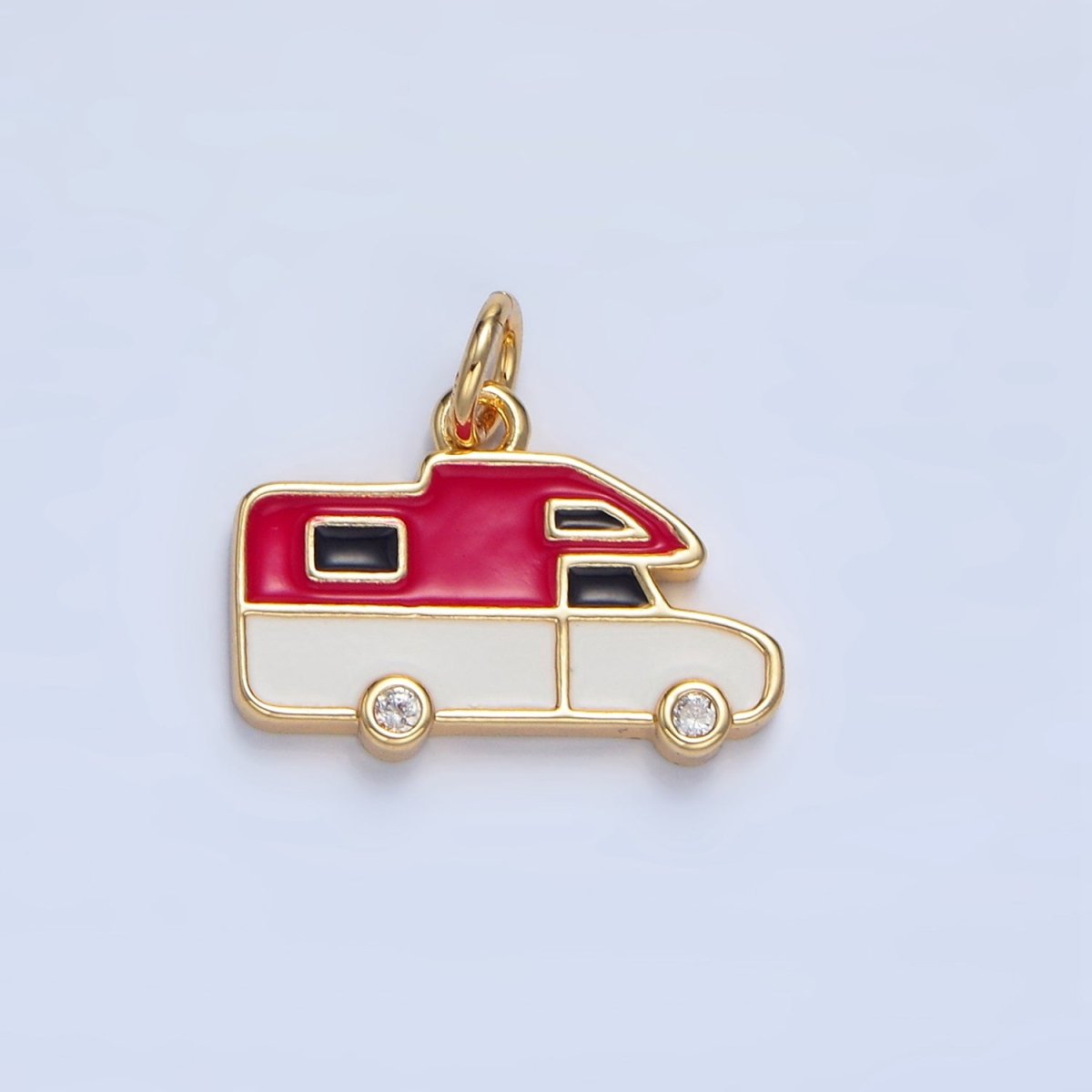 24K Gold Filled Blue, Red Enamel Trailer Van Vehicle Travel Charm | X620