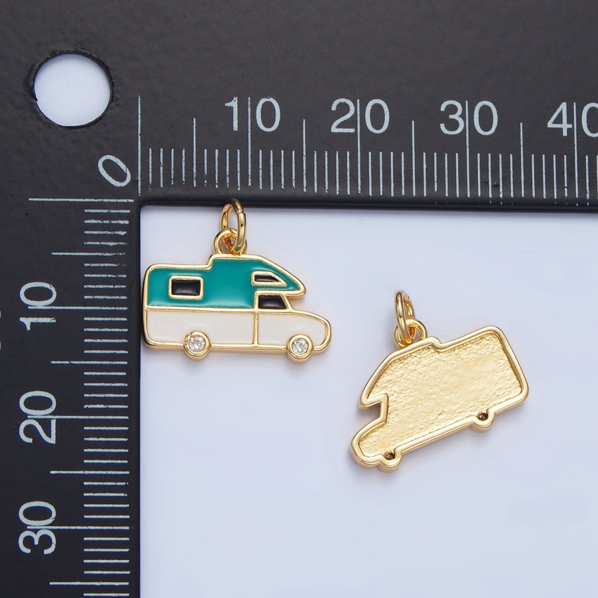 24K Gold Filled Blue, Red Enamel Trailer Van Vehicle Travel Charm | X620