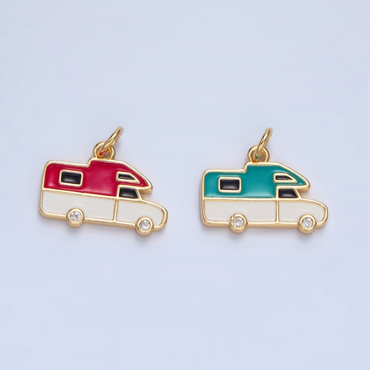 24K Gold Filled Blue, Red Enamel Trailer Van Vehicle Travel Charm | X620