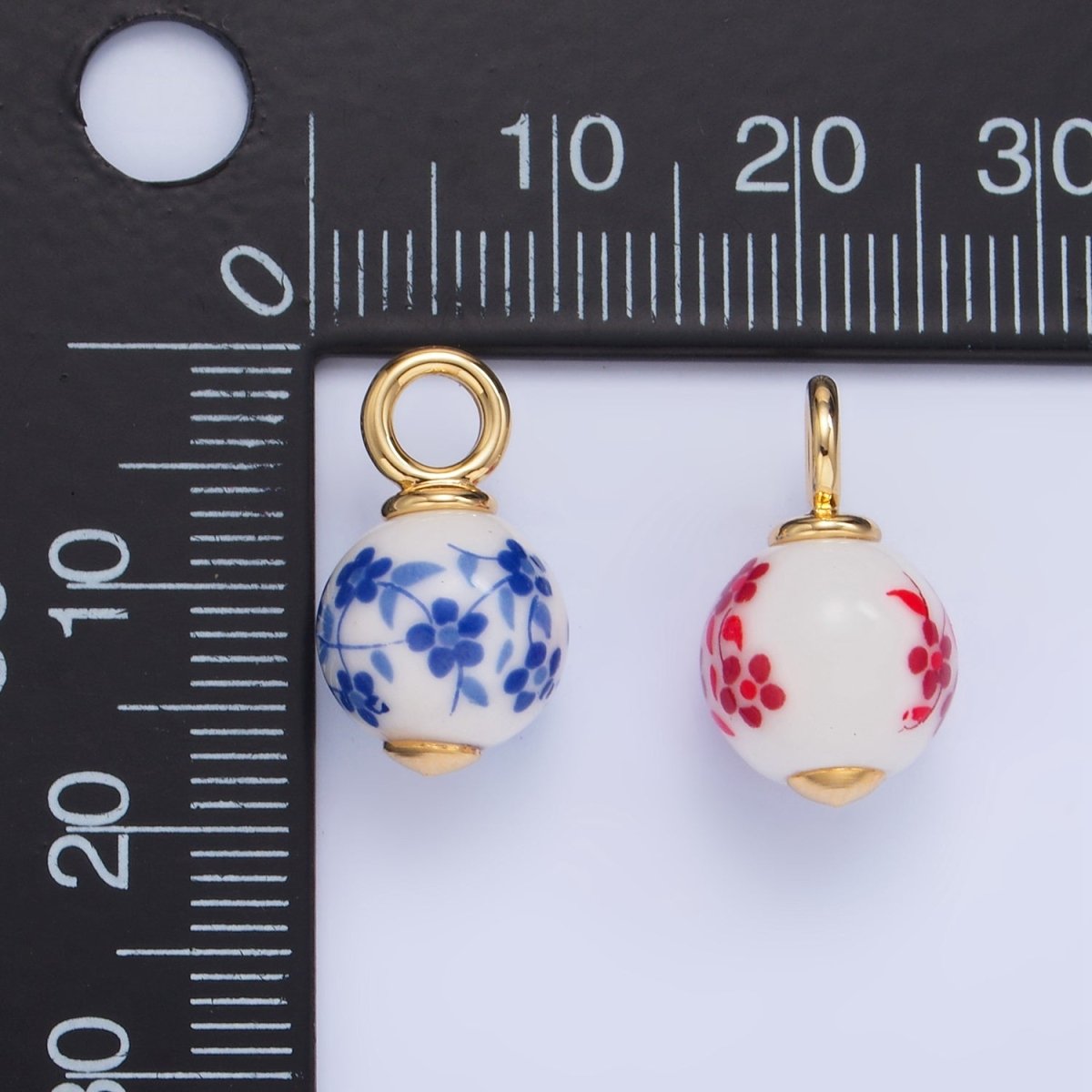 24K Gold Filled Blue, Red Flowers Ceramic Drop Charm | W123