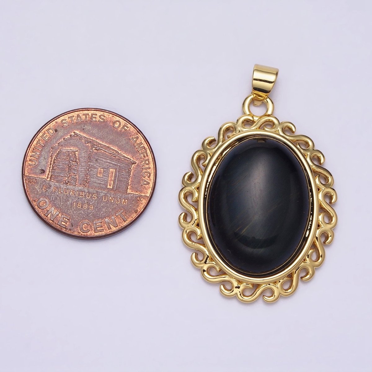 24K Gold Filled Blue Tiger's Eye Dark Oval stone Pendant Statement Tiger eye Charm necklace AA289 - DLUXCA