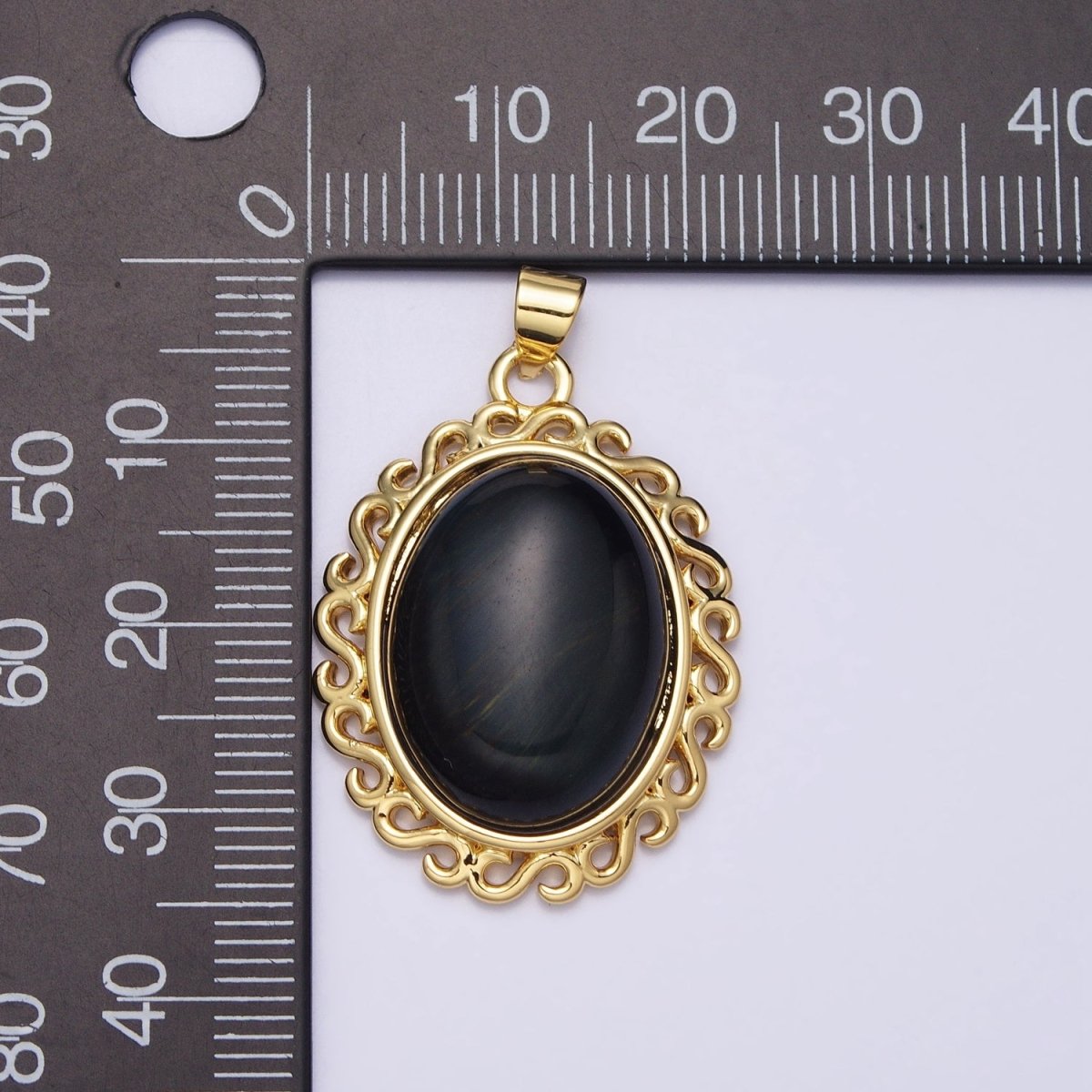 24K Gold Filled Blue Tiger's Eye Dark Oval stone Pendant Statement Tiger eye Charm necklace AA289 - DLUXCA