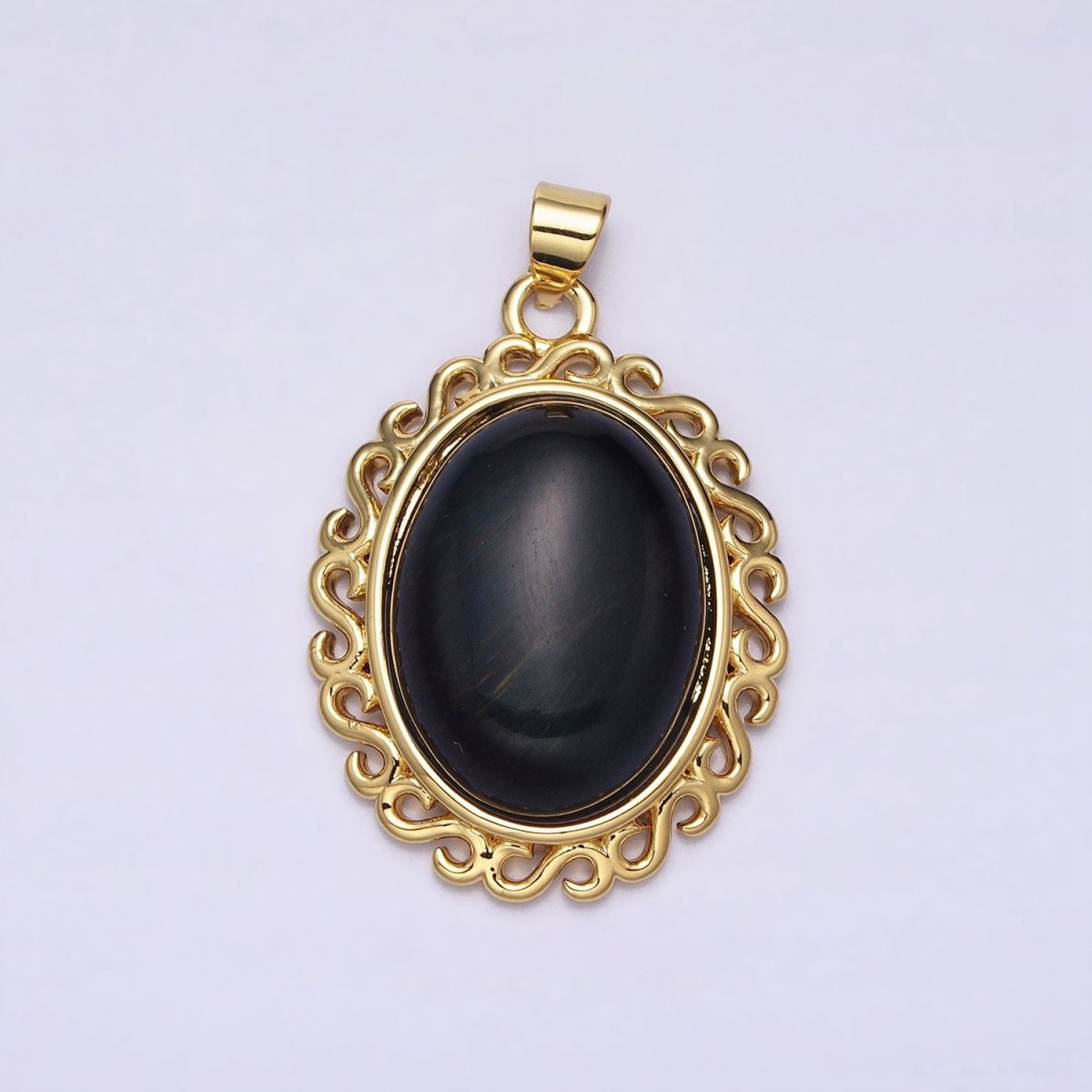 24K Gold Filled Blue Tiger's Eye Dark Oval stone Pendant Statement Tiger eye Charm necklace AA289 - DLUXCA