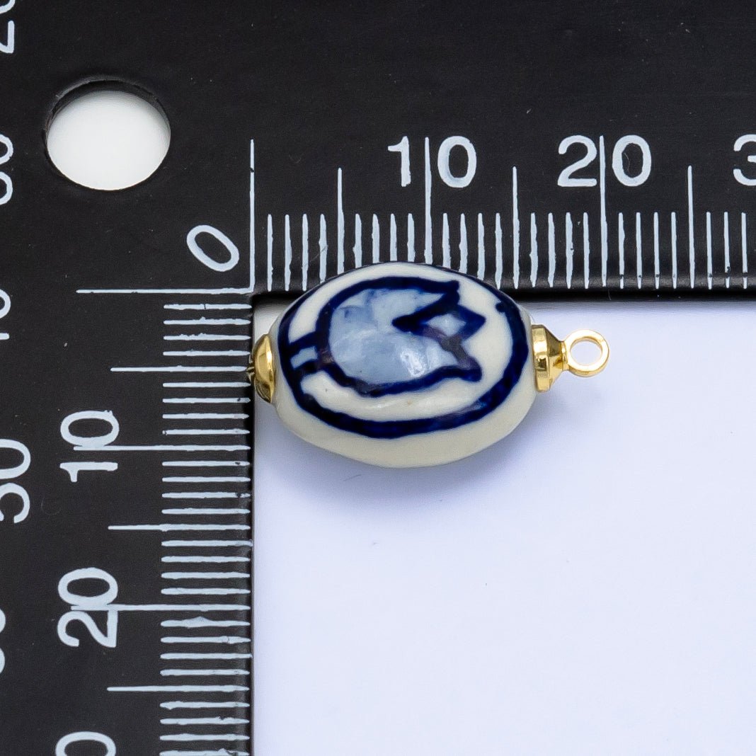 24K Gold Filled Blue Tulip Flowers White Ceramic Drop Charm | W - 075 - DLUXCA