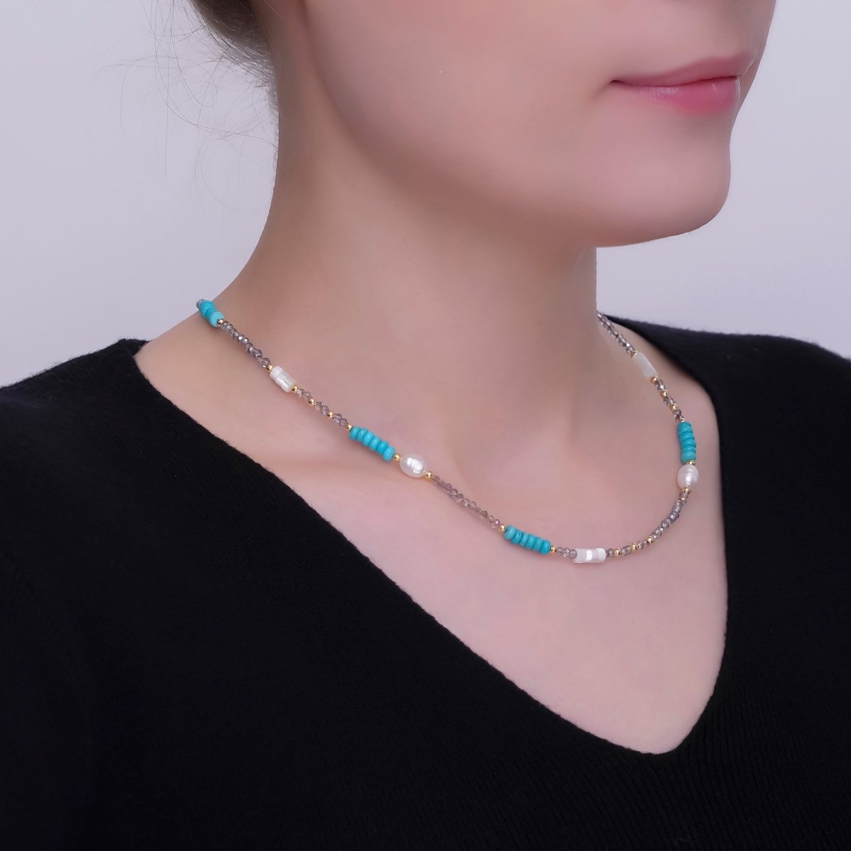 24K Gold Filled Blue Turquoise Shell Pearl Gemstone Bead 17 Inch Necklace | WA - 2963 - DLUXCA