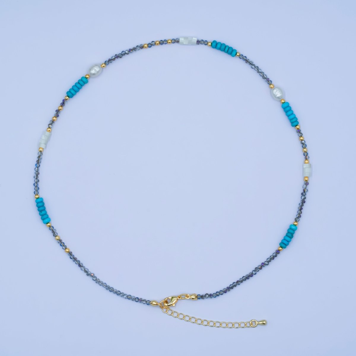 24K Gold Filled Blue Turquoise Shell Pearl Gemstone Bead 17 Inch Necklace | WA - 2963 - DLUXCA