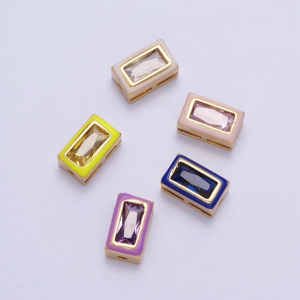 24K Gold Filled Blue, Yellow, Clear White, Pink, Purple Baguette Stone Rectangle Enamel Bead | B-174 B-175