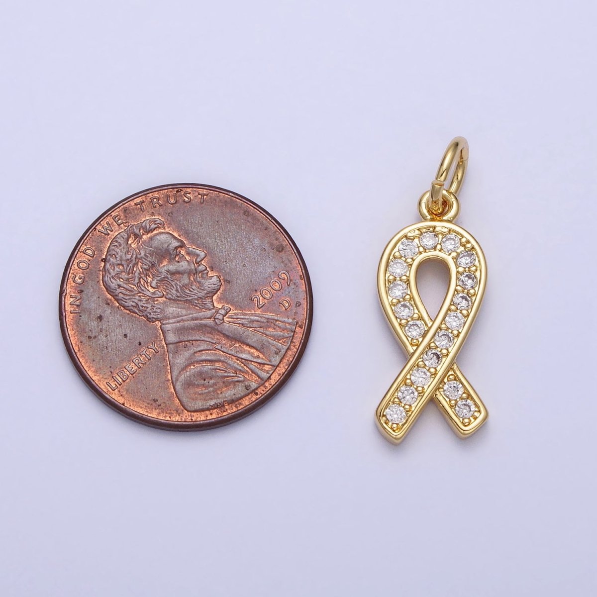 24K Gold Filled Breast Cancer Awareness Ribbon Micro Paved CZ Add-On Charm | AC-368 - DLUXCA