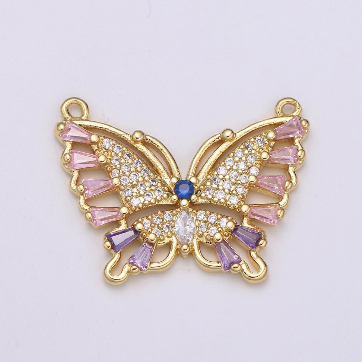 24K Gold Filled Butterfly Charm Connector Pink Mariposa Butterfly Charm Micro Pave CZ Butterfly Charm Cubic Pendant for Necklace Component F-555