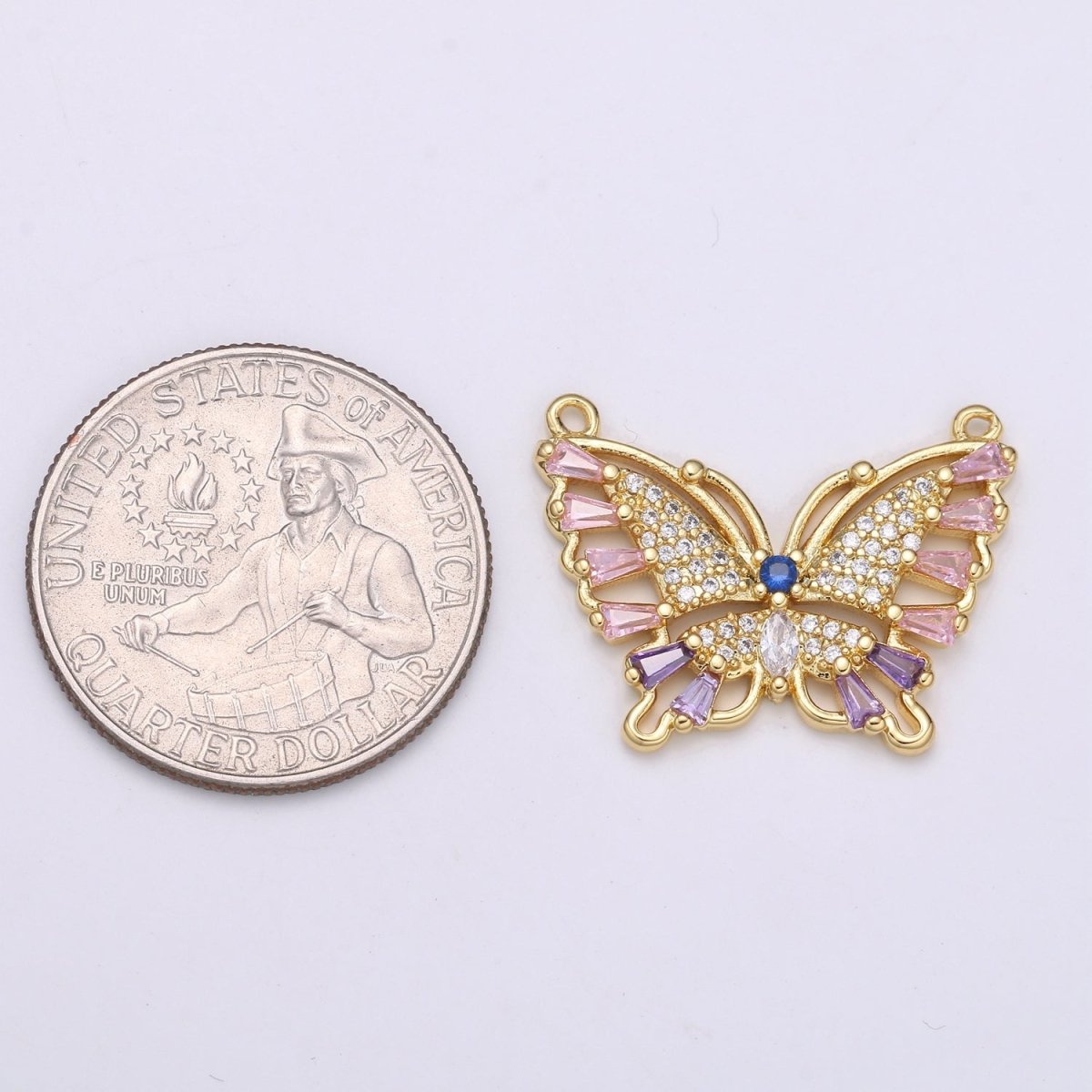 24K Gold Filled Butterfly Charm Connector Pink Mariposa Butterfly Charm Micro Pave CZ Butterfly Charm Cubic Pendant for Necklace Component F-555