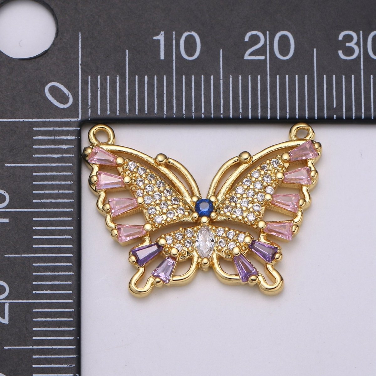24K Gold Filled Butterfly Charm Connector Pink Mariposa Butterfly Charm Micro Pave CZ Butterfly Charm Cubic Pendant for Necklace Component F-555
