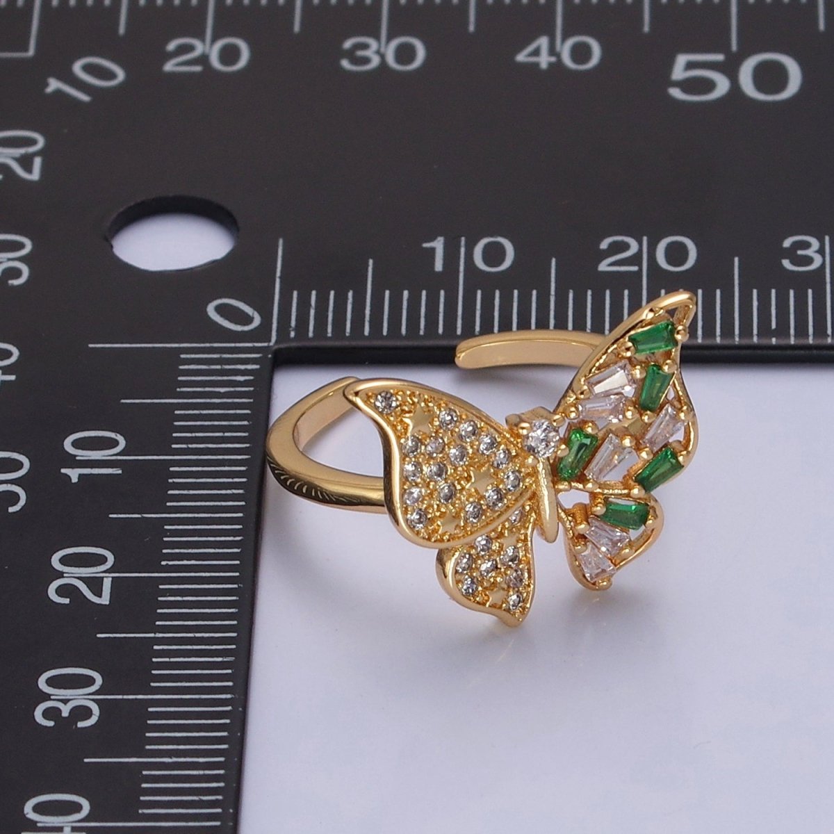 24K Gold Filled Butterfly Cubic Zirconia Ring, Half Micro Pave Half Baguette Mariposa Wings Ring O-2292 - DLUXCA