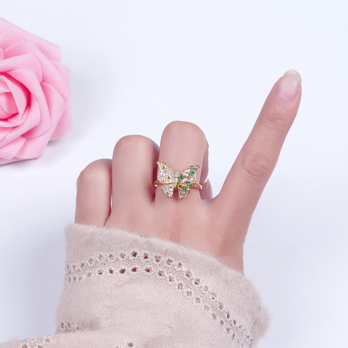 24K Gold Filled Butterfly Cubic Zirconia Ring, Half Micro Pave Half Baguette Mariposa Wings Ring O-2292 - DLUXCA