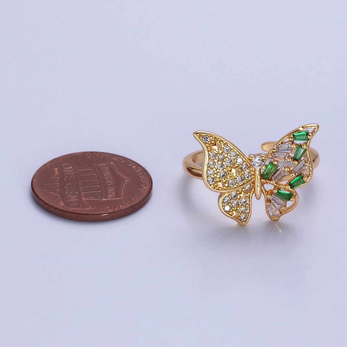 24K Gold Filled Butterfly Cubic Zirconia Ring, Half Micro Pave Half Baguette Mariposa Wings Ring O-2292 - DLUXCA