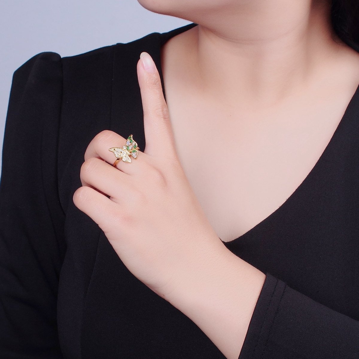24K Gold Filled Butterfly Cubic Zirconia Ring, Half Micro Pave Half Baguette Mariposa Wings Ring O-2292 - DLUXCA