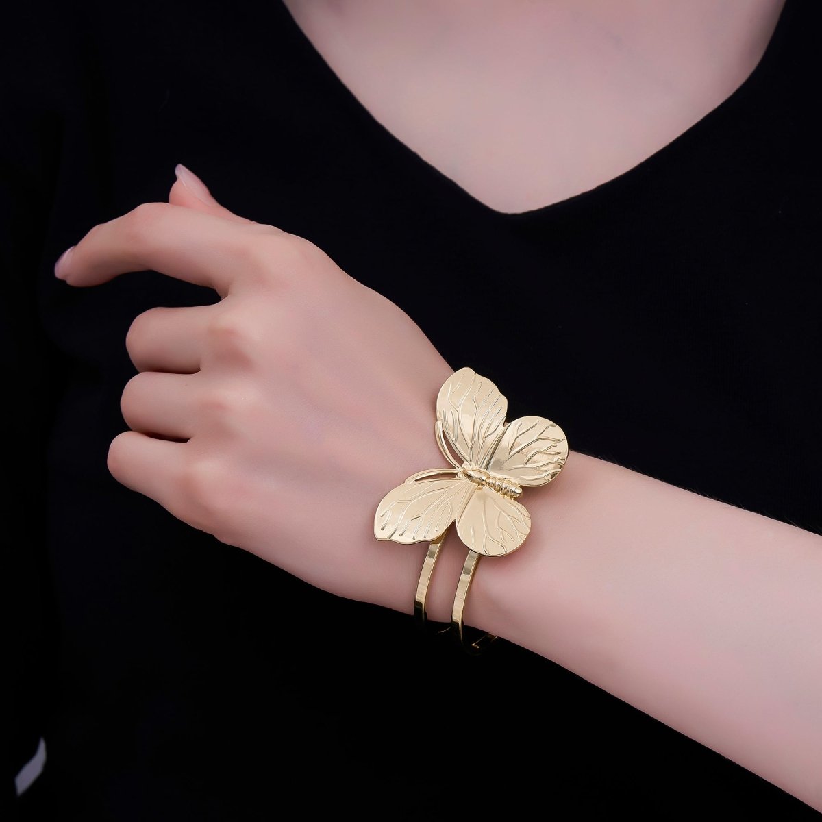 24K Gold Filled Butterfly Double Band Cuff Bracelet | WA - 3237 - DLUXCA