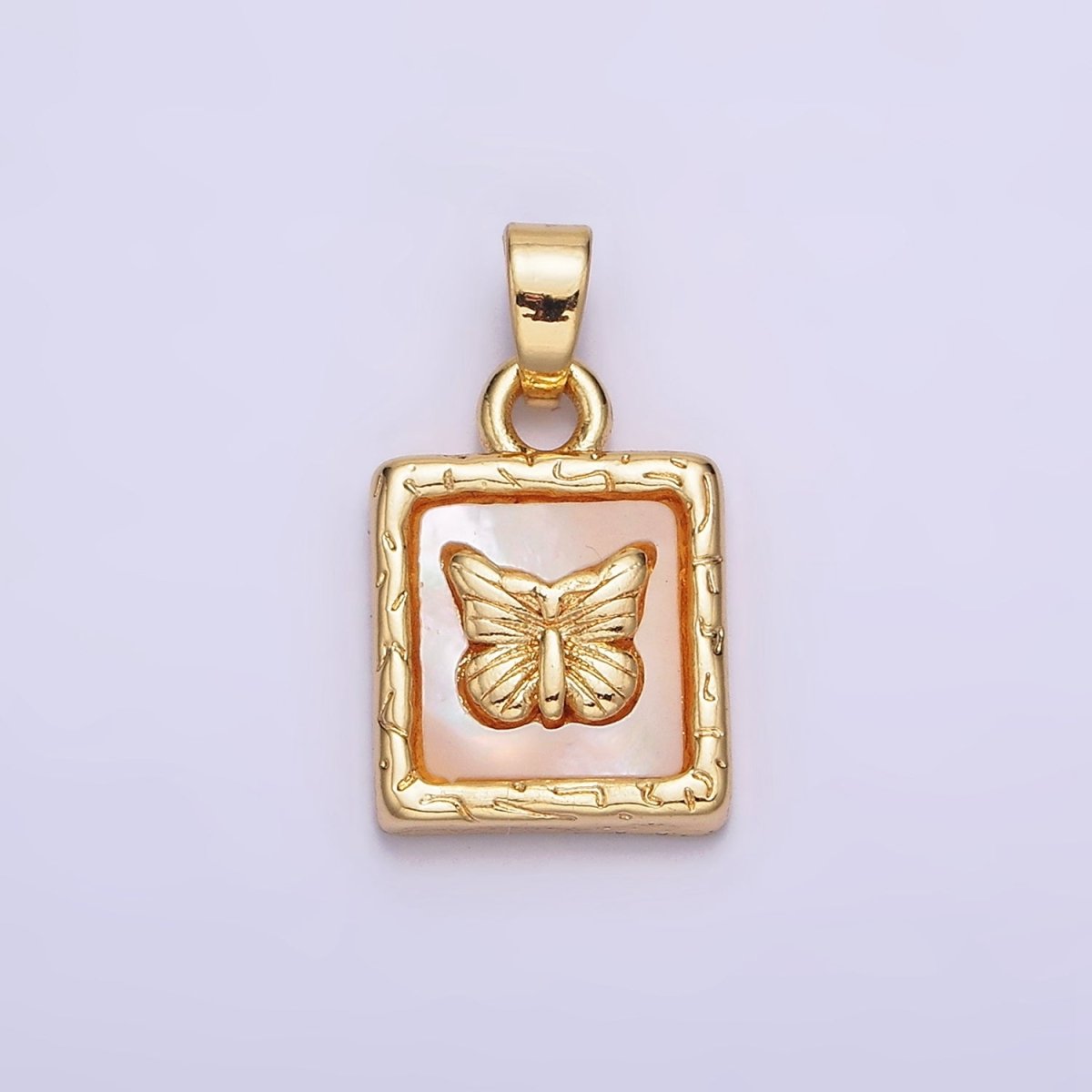 24K Gold Filled Butterfly Mariposa Shell Pearl Line-Textured Square Pendant | AA594 - DLUXCA