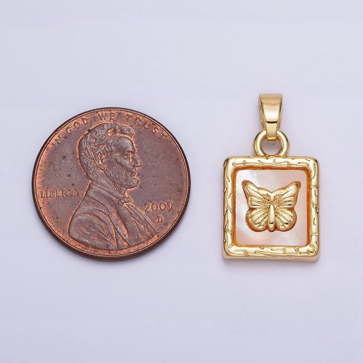 24K Gold Filled Butterfly Mariposa Shell Pearl Line-Textured Square Pendant | AA594 - DLUXCA