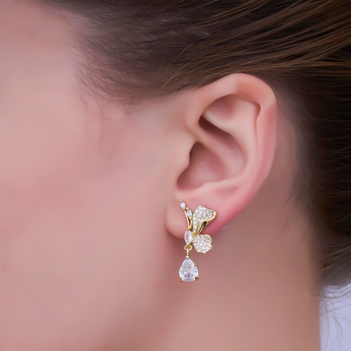 24K Gold Filled Butterfly Micro Paved CZ Teardrop Drop Stud Earrings Set | AB711 - DLUXCA