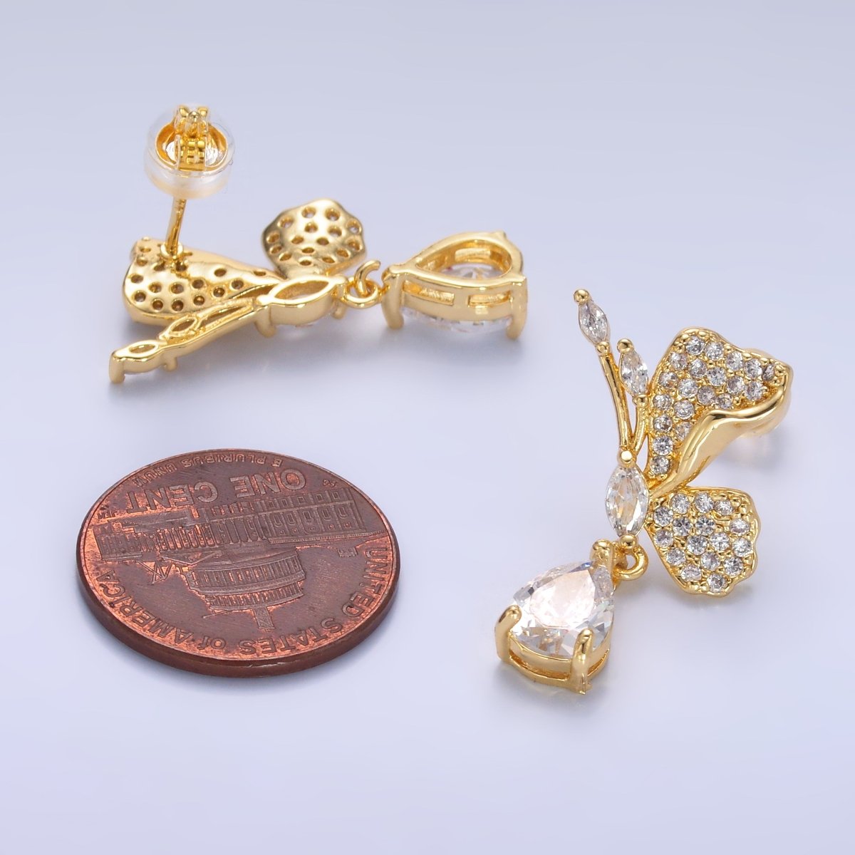 24K Gold Filled Butterfly Micro Paved CZ Teardrop Drop Stud Earrings Set | AB711 - DLUXCA