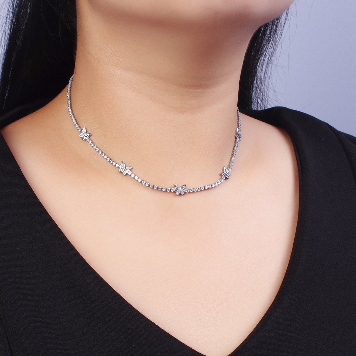 OS 24k Gold Filled Butterfly Tennis Chain 13 Inch Choker Necklace in Gold & Silver | WA-1305 WA-1306 Clearance Pricing