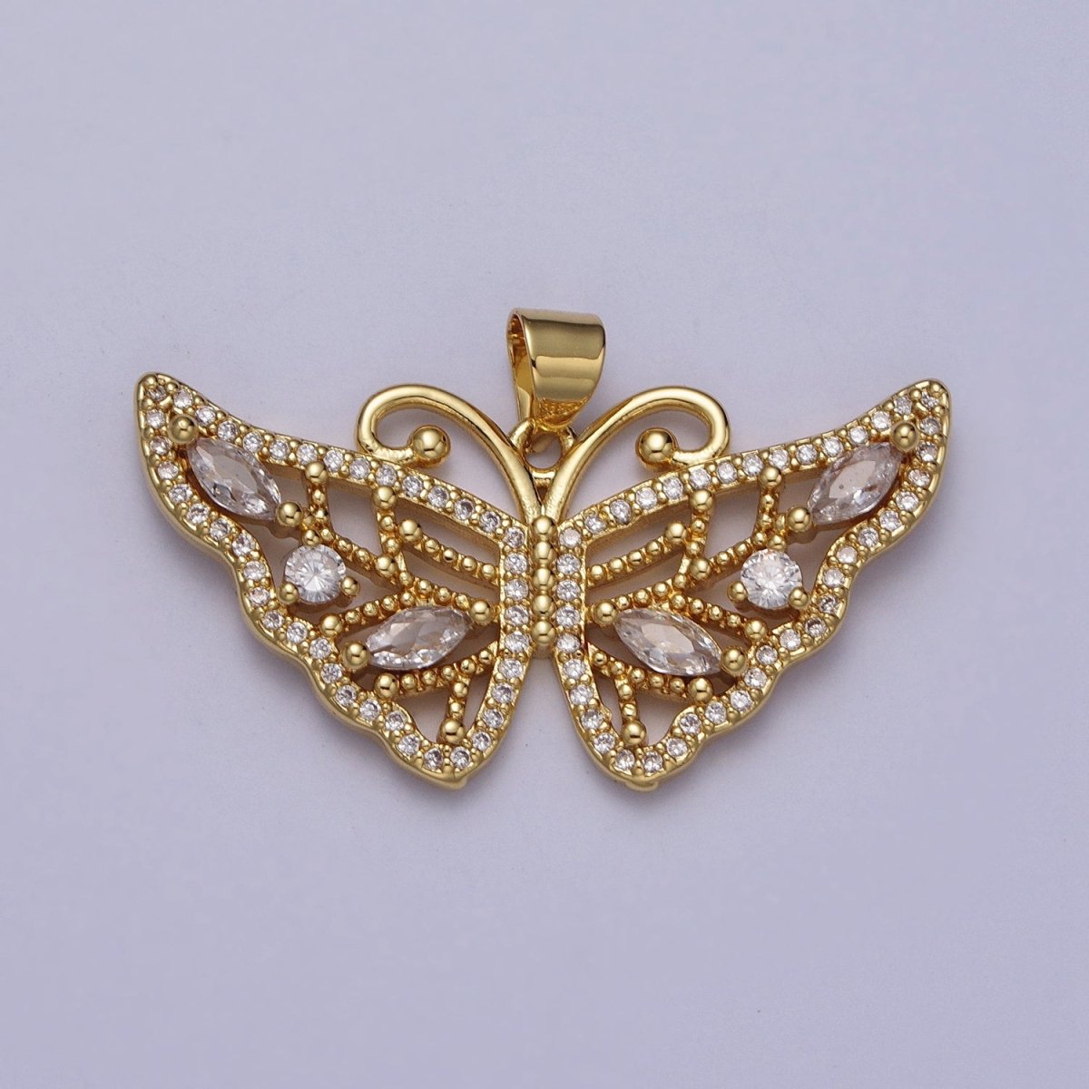24K Gold Filled Butterfly Wings Beaded Marquise Micro Paved CZ Pendant H-401 - DLUXCA