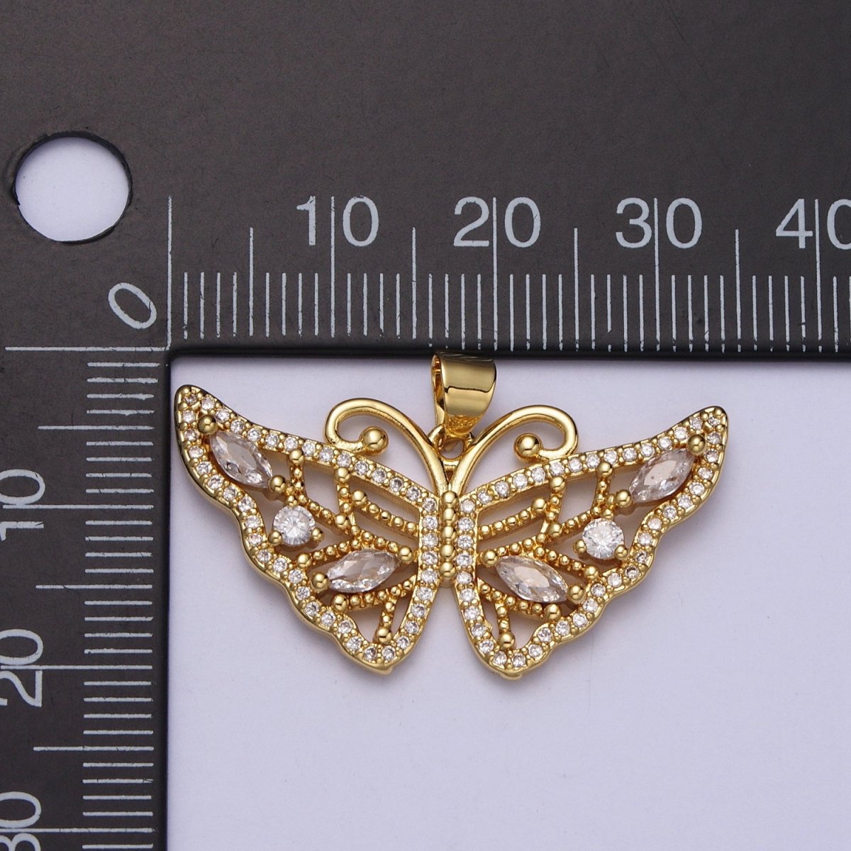 24K Gold Filled Butterfly Wings Beaded Marquise Micro Paved CZ Pendant H-401 - DLUXCA
