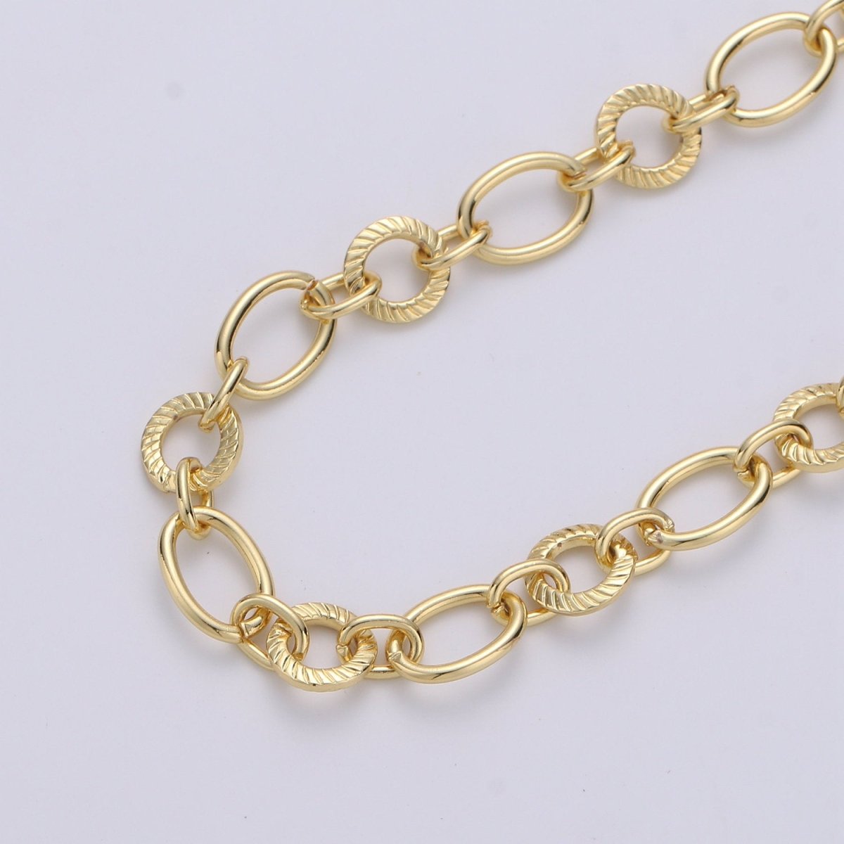 24K Gold Plated Cable Rolo Chain - Oval and Textured Cable Rolo Chain, Unfinished Chain By Yard | ROLL-301 Clearance Pricing