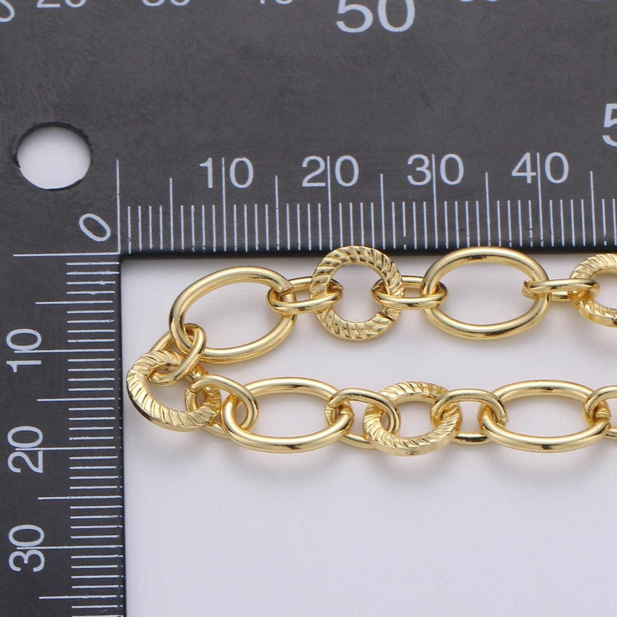 24K Gold Plated Cable Rolo Chain - Oval and Textured Cable Rolo Chain, Unfinished Chain By Yard | ROLL-301 Clearance Pricing