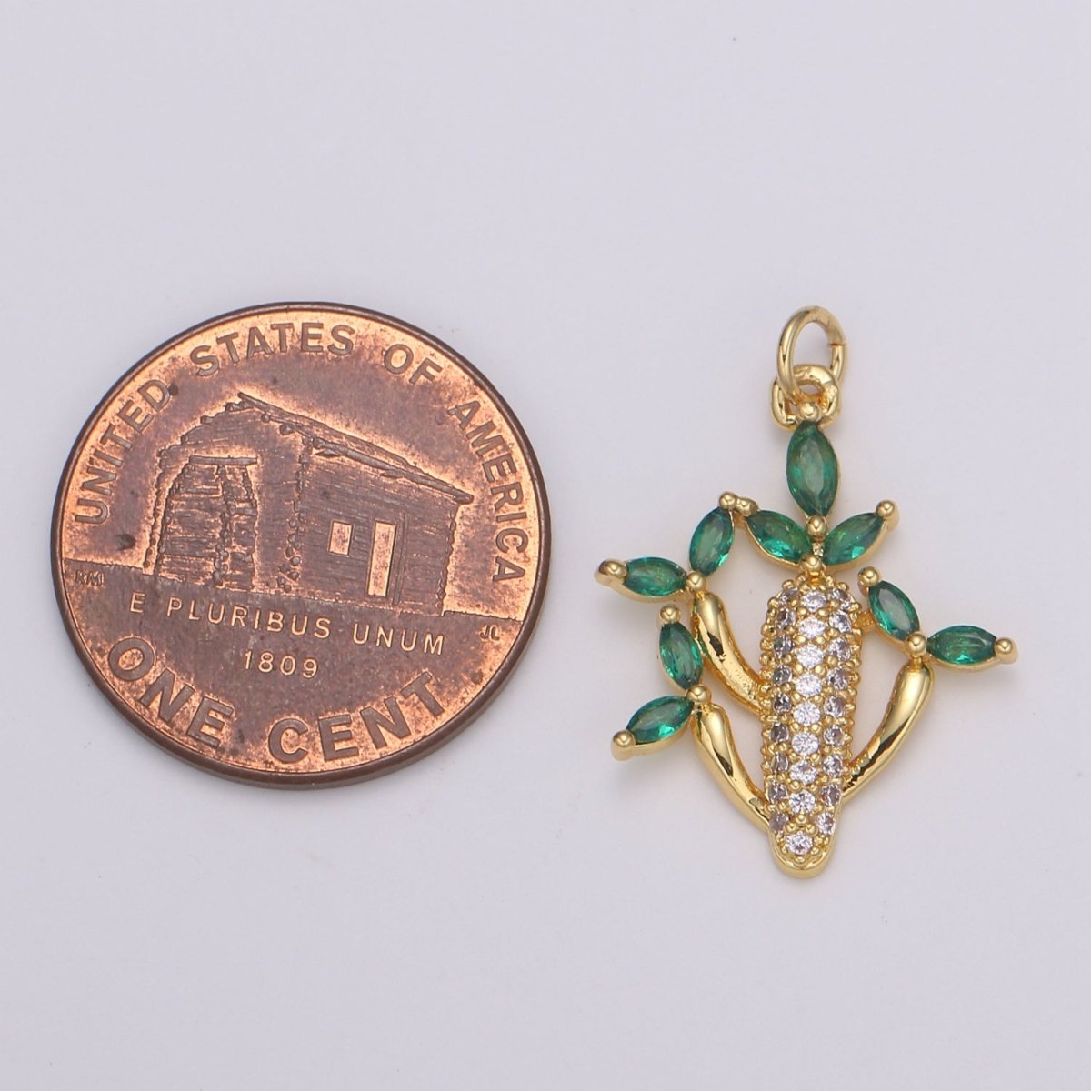 24k Gold FIlled Cactus green leaf CZ Charm, Succulent Zirconia Pendant, Corncob Cubic Pave for DIY craft making E-199