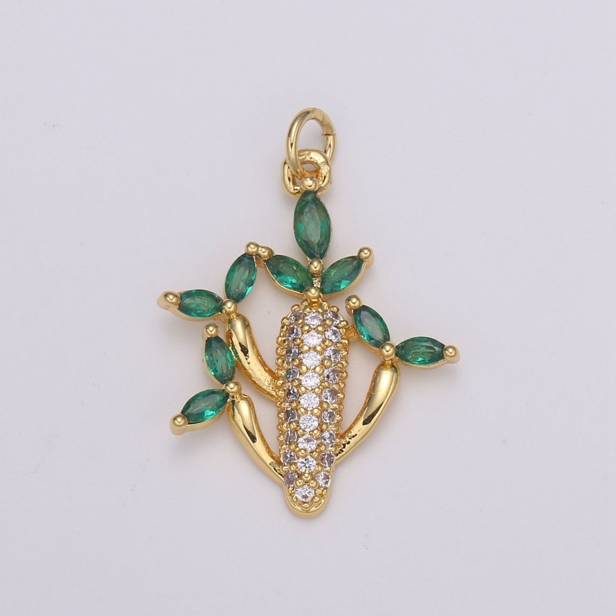 24k Gold FIlled Cactus green leaf CZ Charm, Succulent Zirconia Pendant, Corncob Cubic Pave for DIY craft making E-199