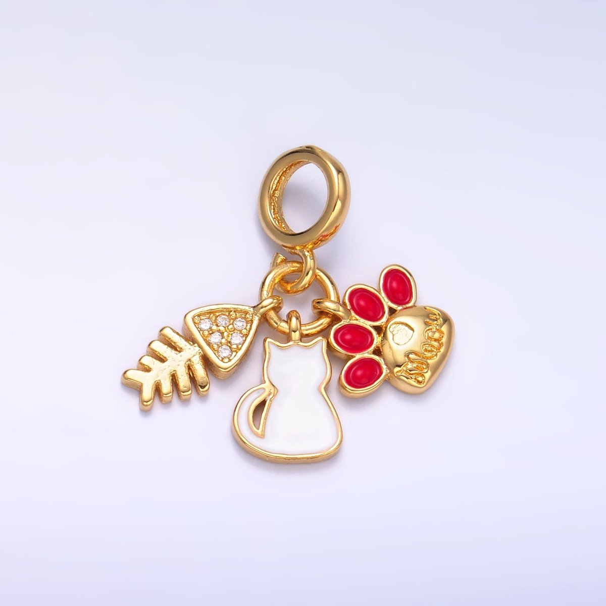 24K Gold Filled Cat Pawprint Fish Bone Rhondelle Drop Pendant | E799 - DLUXCA