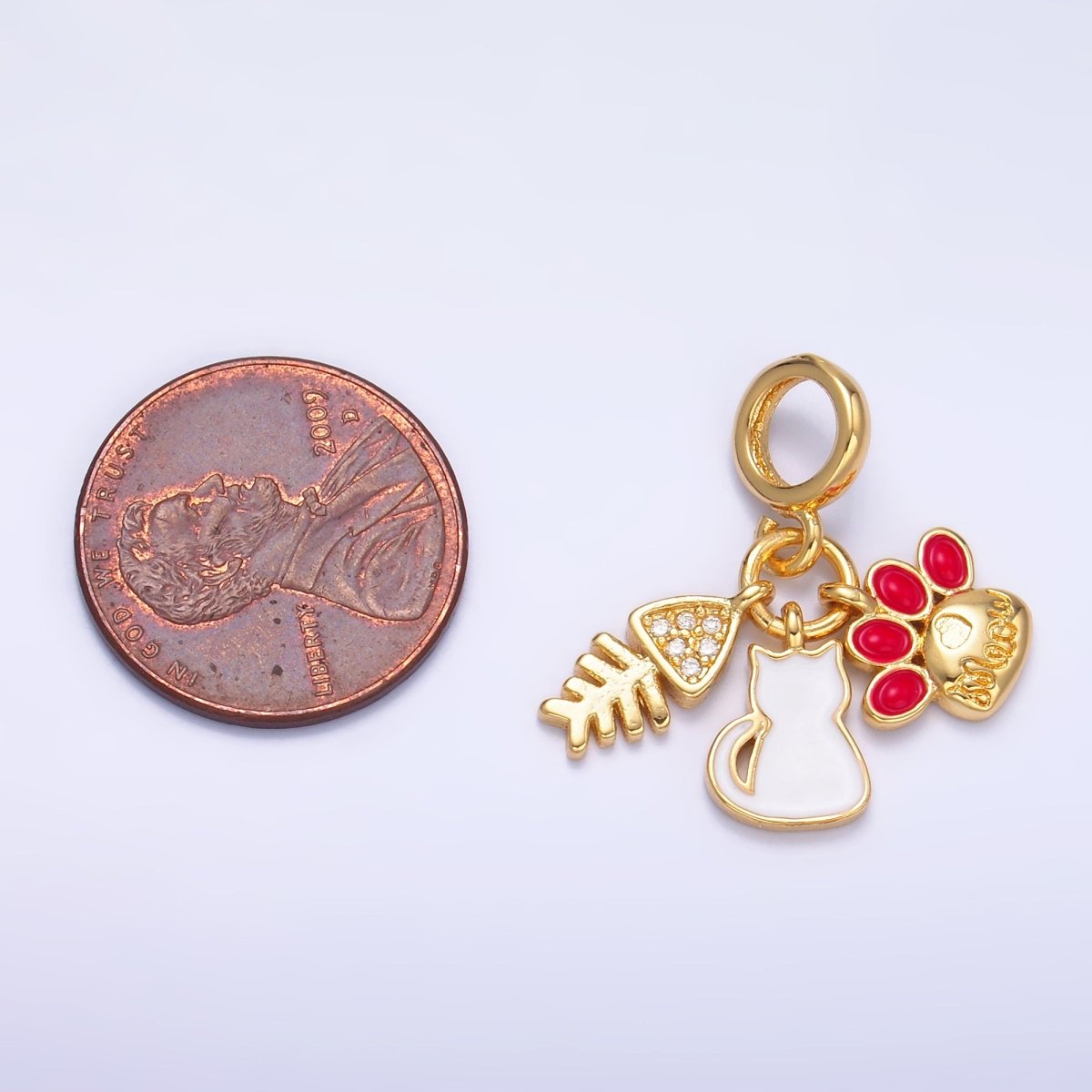 24K Gold Filled Cat Pawprint Fish Bone Rhondelle Drop Pendant | E799 - DLUXCA