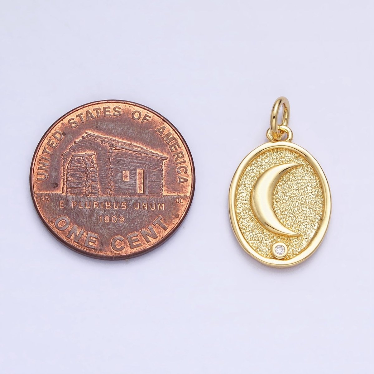 24K Gold Filled Celestial Crescent Moon CZ Textured Oval Charm | AC449